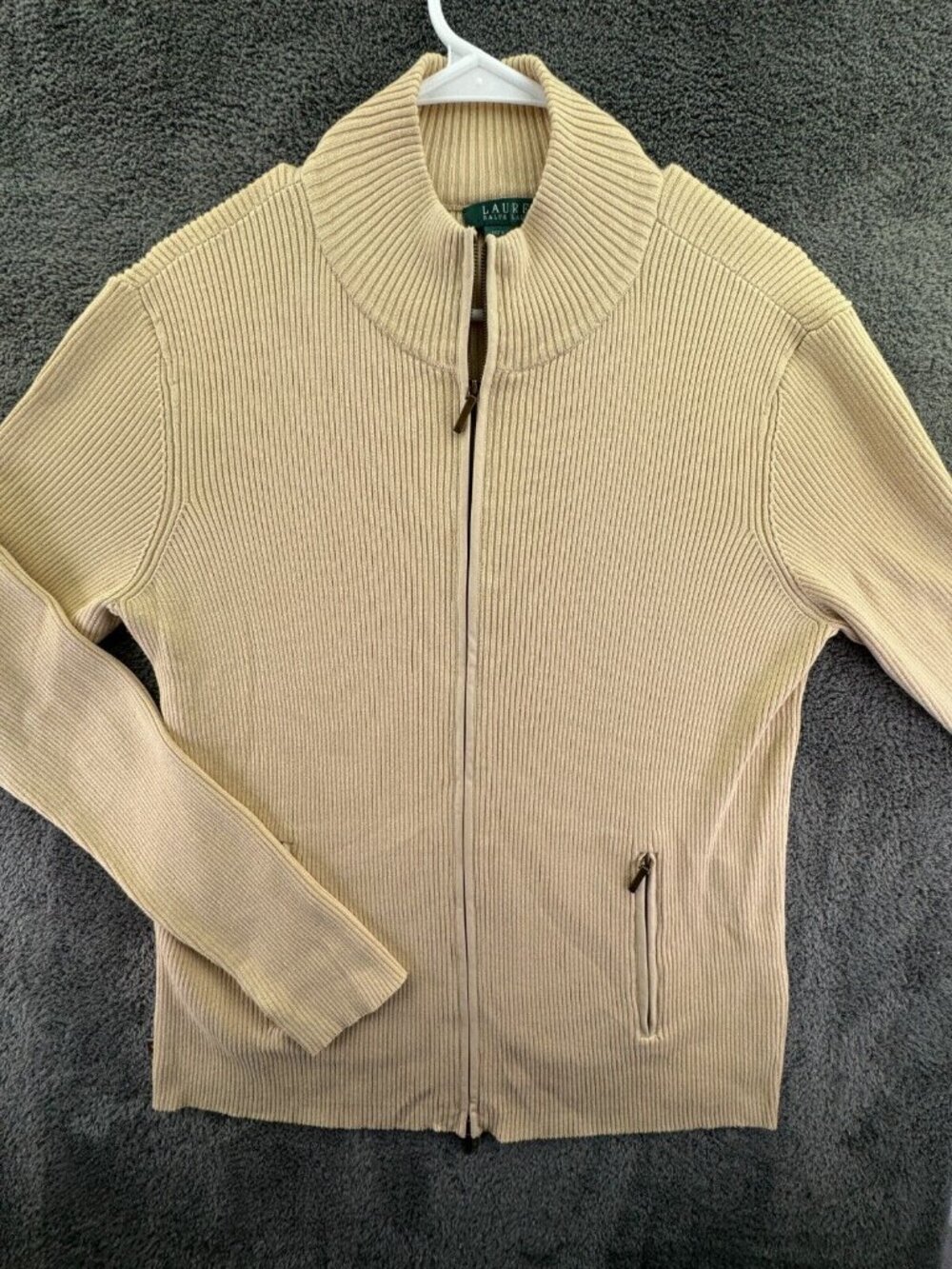 Lauren Ralph Lauren XL Yellow Full Zip Women Ribbed Sweater W/ Pockets Knit